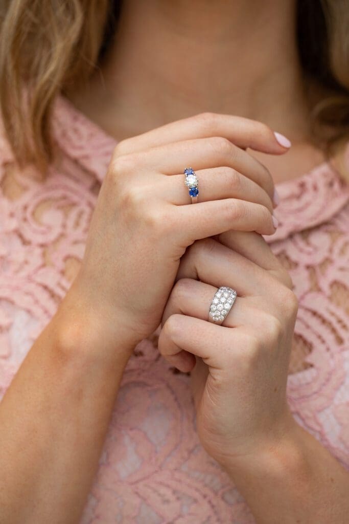 Suna Platinum 22 diamond ring and 3 stone sapphire and diamond ring BG